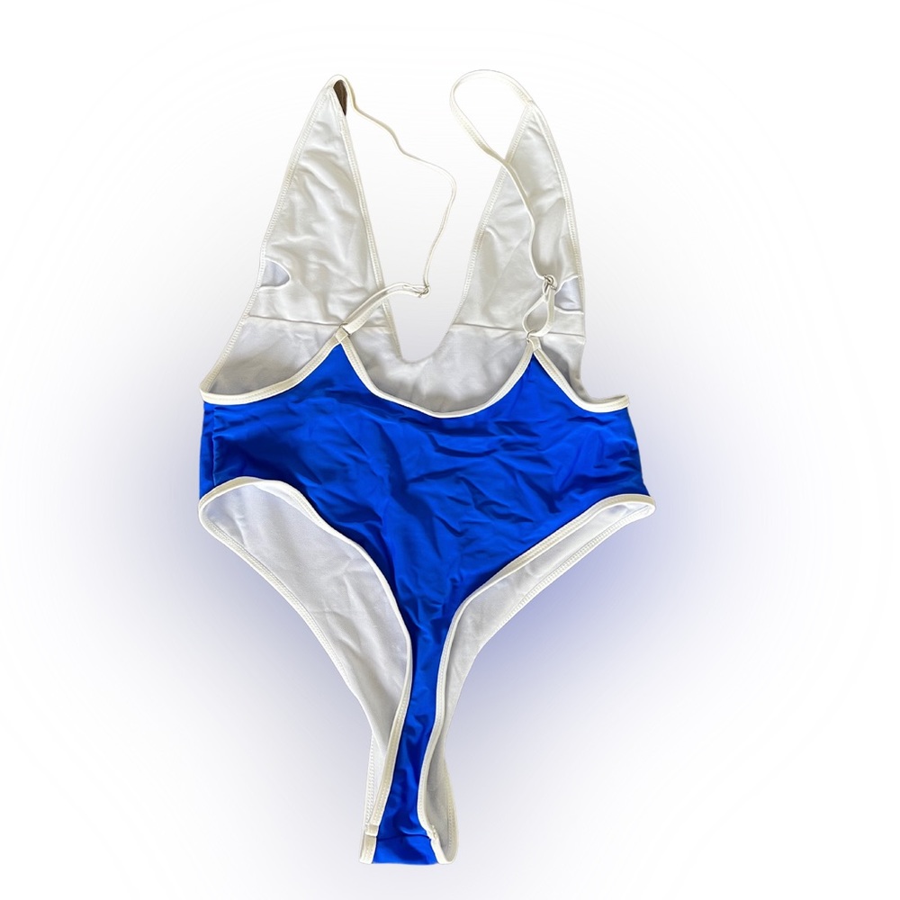 New one-piece bathing suit, blue with white lining